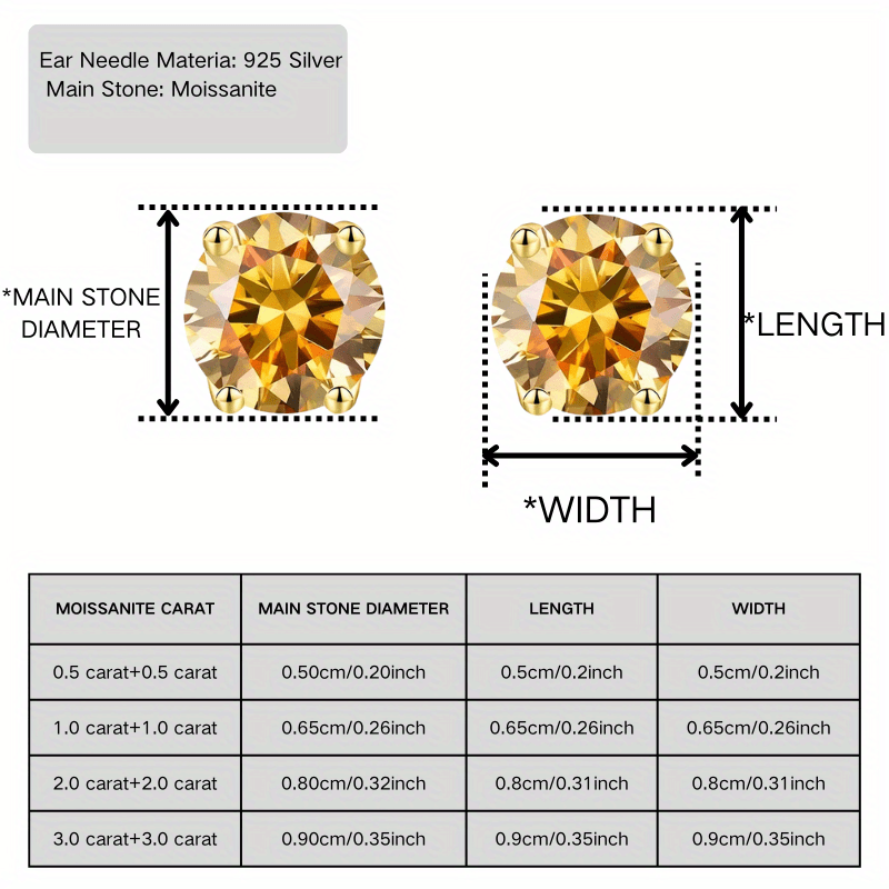 1 Pair Yellow Moissanite Golden Stud Earrings in 925 Silver